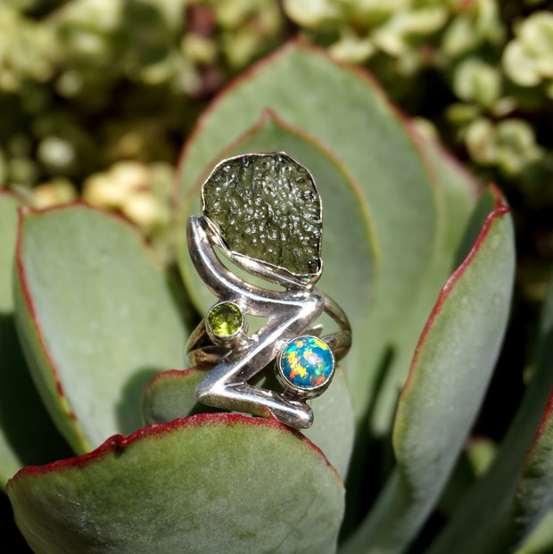 Moldavite Rough Artisan Ring 1 with Peridot and Fire Opal