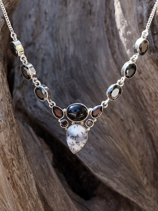 Black Onyx and Dendritic Opal Necklace 1 with Smoky Quartz
