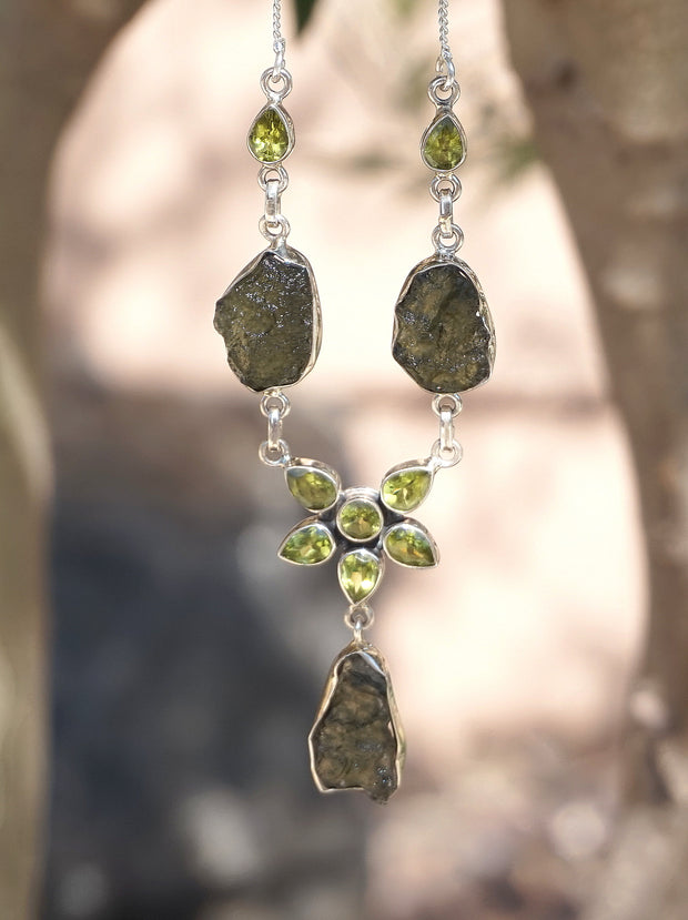 Moldavite Rough Necklace 2 with Peridot