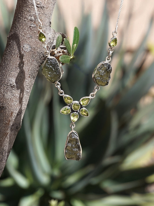 Moldavite Rough Necklace 2 with Peridot