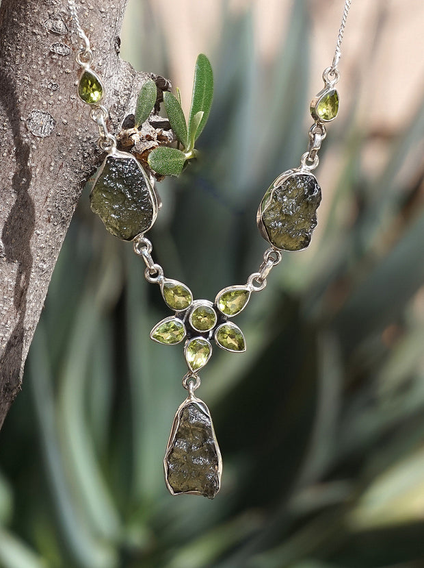 Moldavite Rough Necklace 2 with Peridot