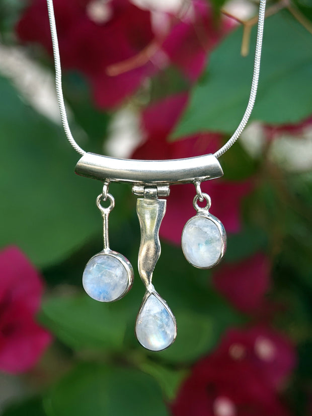 Rainbow Moonstone and Sterling Wave Pendant