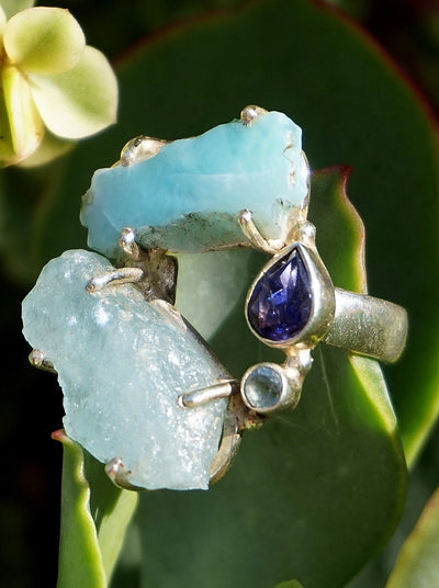 Garden Beauty Ring 8 with Larimar, Aquamarine and Tanzanite