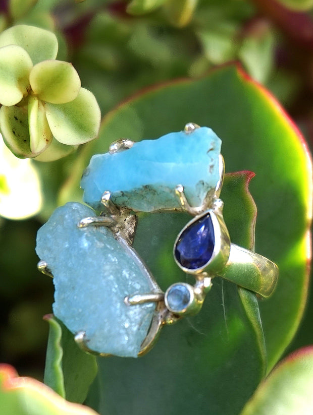 Garden Beauty Ring 8 with Larimar, Aquamarine and Tanzanite