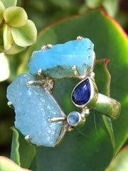 Garden Beauty Ring 8 with Larimar, Aquamarine and Tanzanite