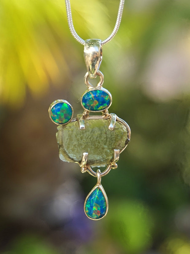 Moldavite Pendant 5 with Fire Opals