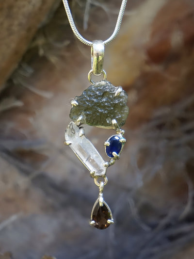 Free-form Moldavite Pendant 1 with Smoky Quartz and Blue Sapphire