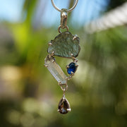 Free-form Moldavite Pendant 1 with Smoky Quartz and Blue Sapphire