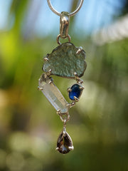 Free-form Moldavite Pendant 1 with Smoky Quartz and Blue Sapphire