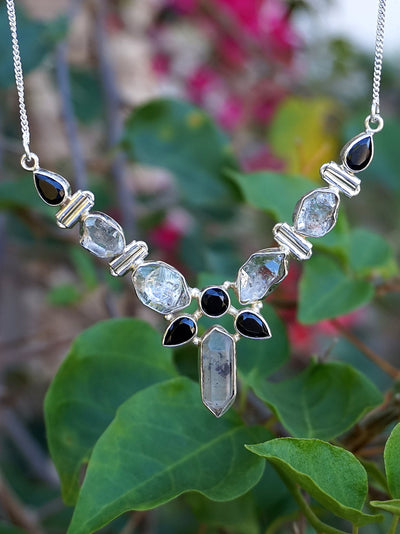 Herkimer Diamond Quartz Crystal and Black Onyx Hinged Necklace 1