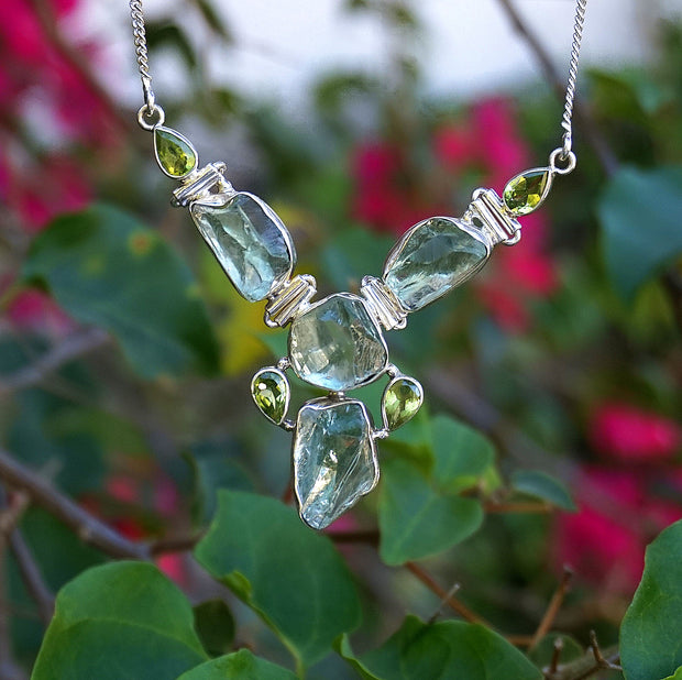 Green Amethyst Quartz Crystal and Peridot Hinged Necklace 2