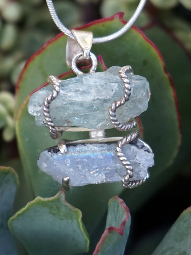 Aquamarine Rough Pendant 3 with Moonstone