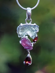 Moldavite Rough Pendant 3 with Tourmaline and Garnets