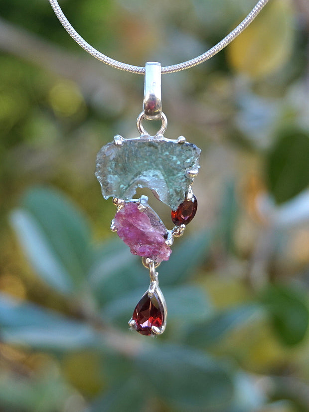 Moldavite Rough Pendant 3 with Tourmaline and Garnets