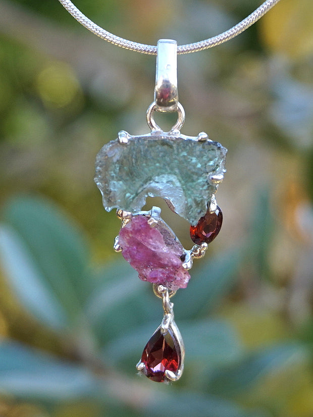 Moldavite Rough Pendant 3 with Tourmaline and Garnets