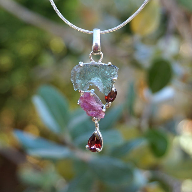 Moldavite Rough Pendant 3 with Tourmaline and Garnets