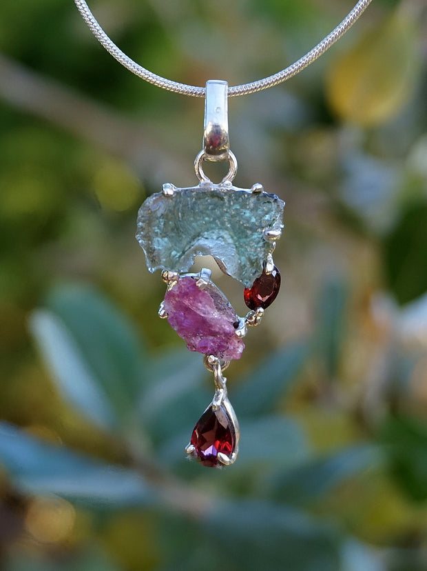 Moldavite Rough Pendant 3 with Tourmaline and Garnets