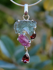 Moldavite Rough Pendant 3 with Tourmaline and Garnets