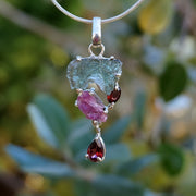 Moldavite Rough Pendant 3 with Tourmaline and Garnets