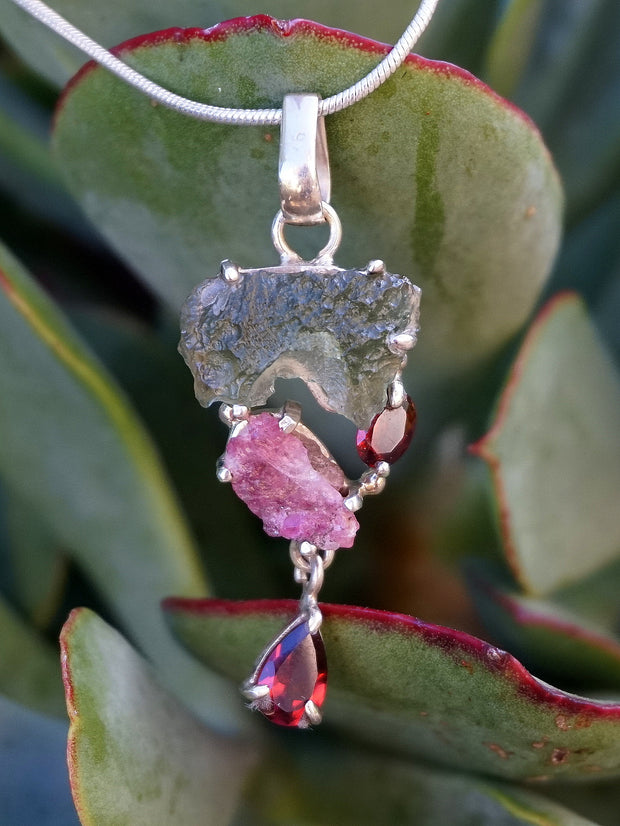 Moldavite Rough Pendant 3 with Tourmaline and Garnets