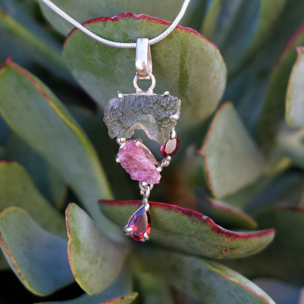 Moldavite Rough Pendant 3 with Tourmaline and Garnets