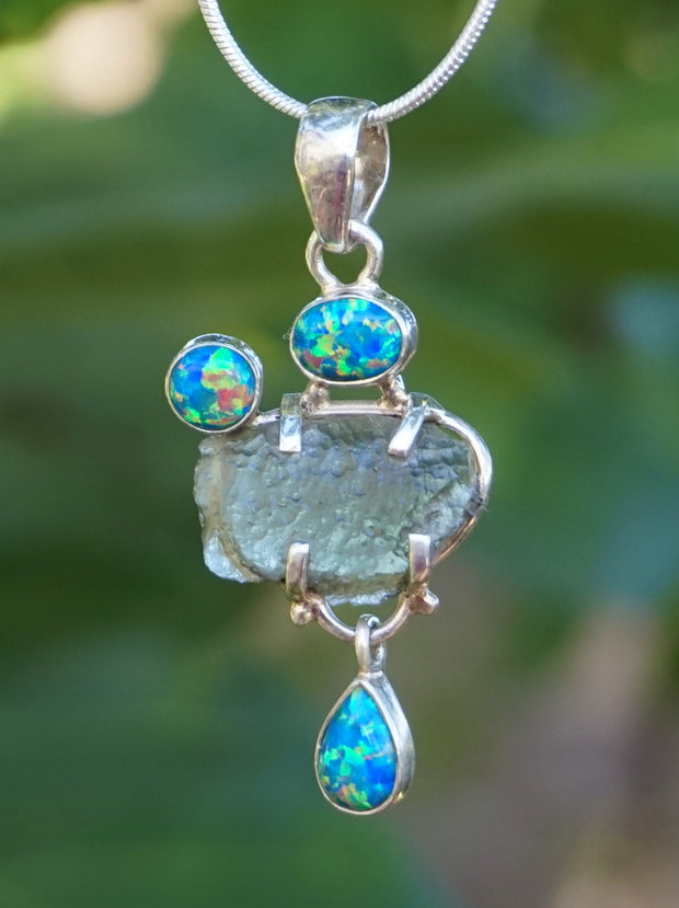 Moldavite Pendant 5 with Fire Opals