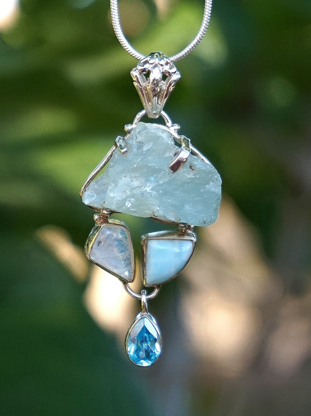 Aquamarine Rough Pendant 4 with Larimar and Moonstone