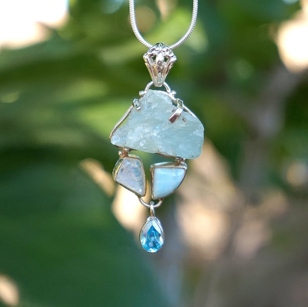 Aquamarine Rough Pendant 4 with Larimar and Moonstone