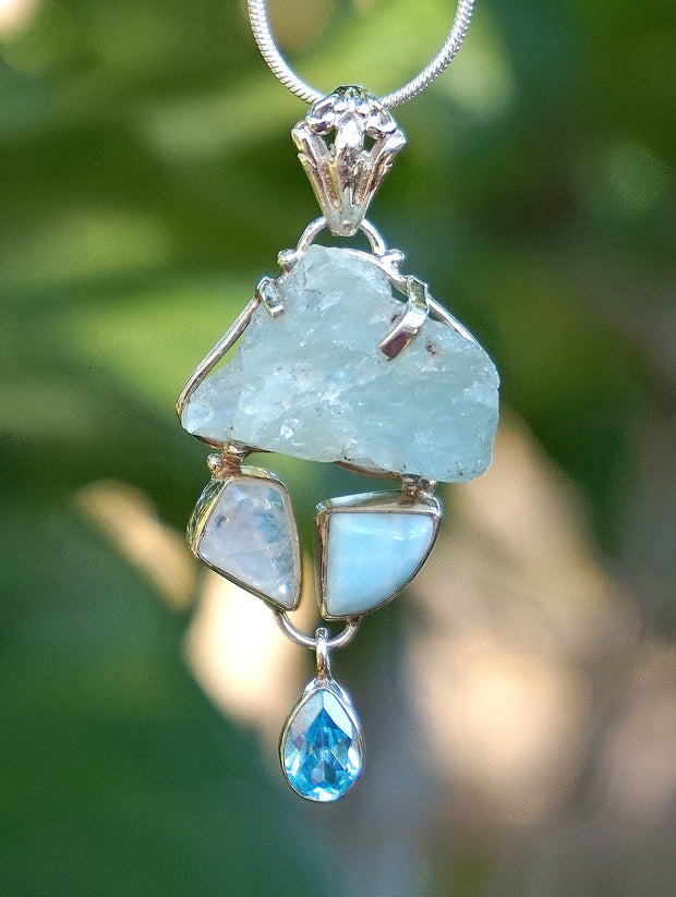 Aquamarine Rough Pendant 4 with Larimar and Moonstone