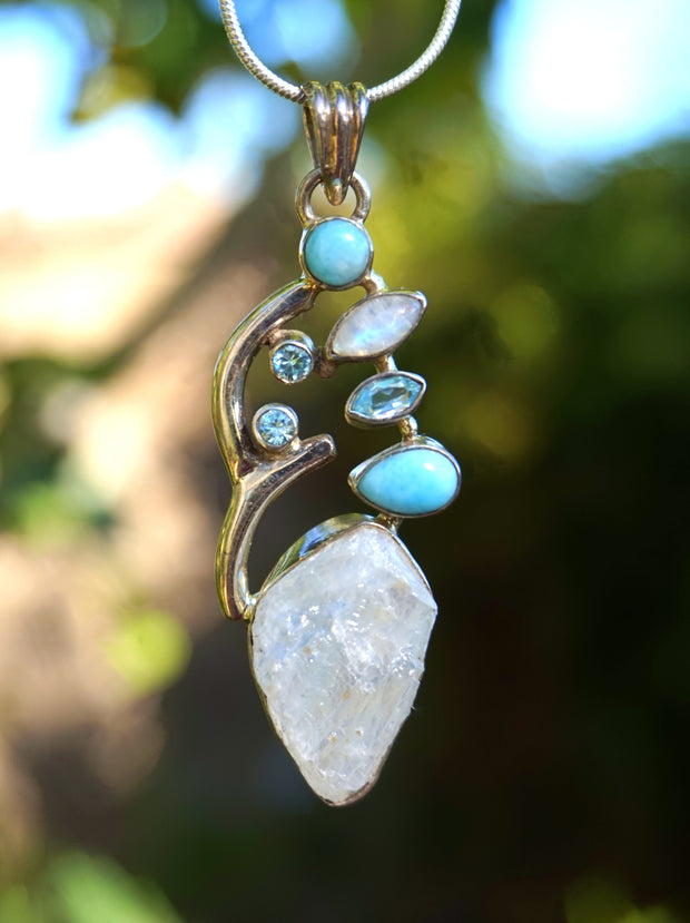 Rough Moonstone Pendant 1 with Larimar and Blue Topaz