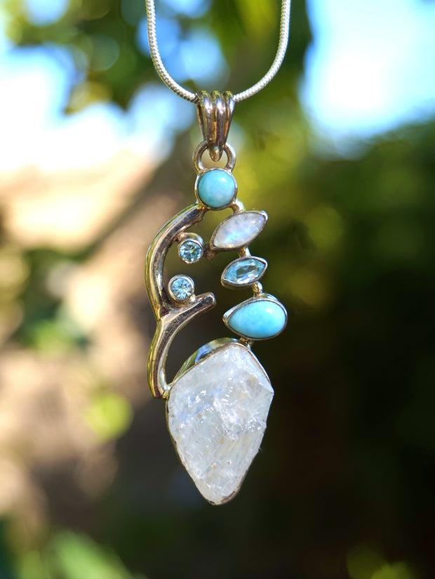 Rough Moonstone Pendant 1 with Larimar and Blue Topaz