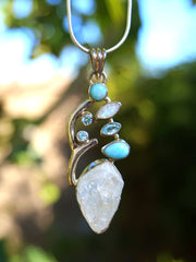 Rough Moonstone Pendant 1 with Larimar and Blue Topaz