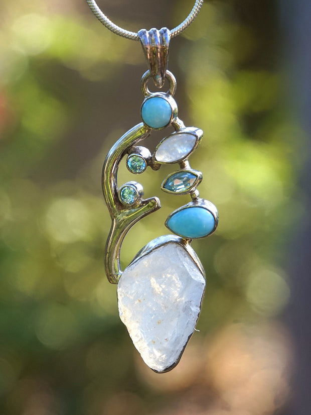 Rough Moonstone Pendant 1 with Larimar and Blue Topaz