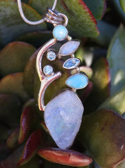 Rough Moonstone Pendant 1 with Larimar and Blue Topaz