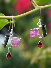 Tourmaline Crystal Earring Set 2 with Rough Pink Tourmaline and Garnets