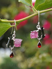 Tourmaline Crystal Earring Set 2 with Rough Pink Tourmaline and Garnets