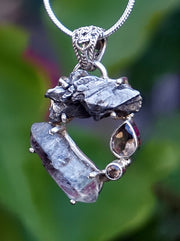 Garden Beauty Pendant 7 with Meteorite, Herkimer Quartz Crystal, and Smoky Quartz