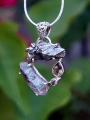 Garden Beauty Pendant 7 with Meteorite, Herkimer Quartz Crystal, and Smoky Quartz