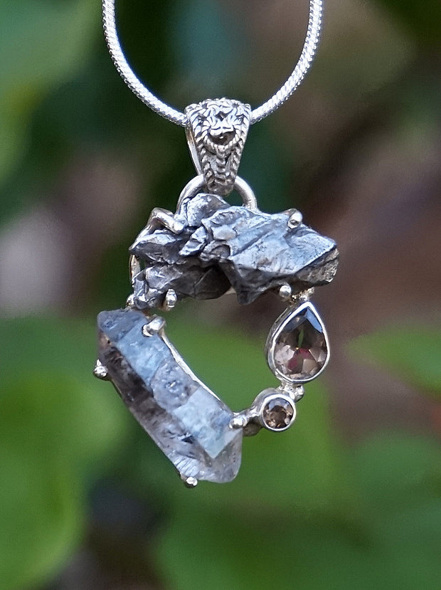 Garden Beauty Pendant 7 with Meteorite, Herkimer Quartz Crystal, and Smoky Quartz