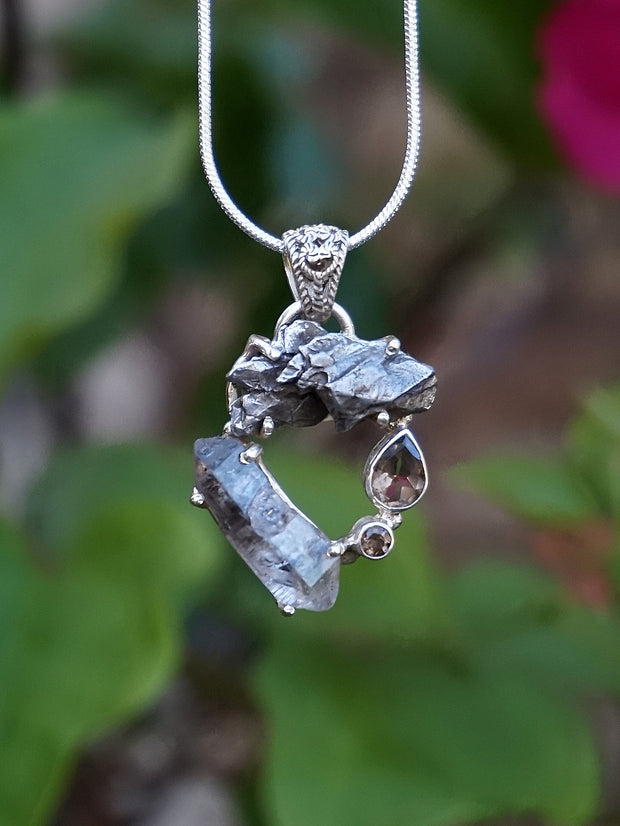 Garden Beauty Pendant 7 with Meteorite, Herkimer Quartz Crystal, and Smoky Quartz