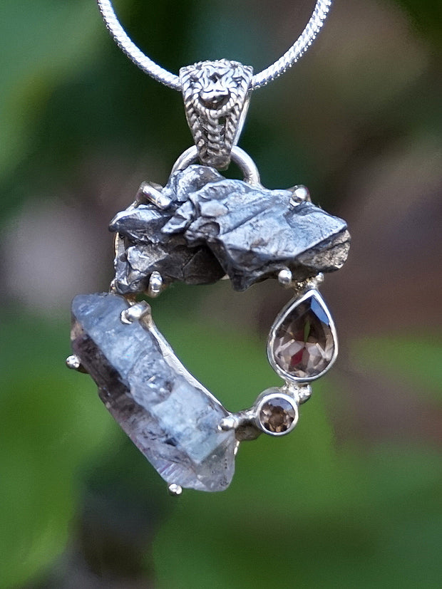 Garden Beauty Pendant 7 with Meteorite, Herkimer Quartz Crystal, and Smoky Quartz