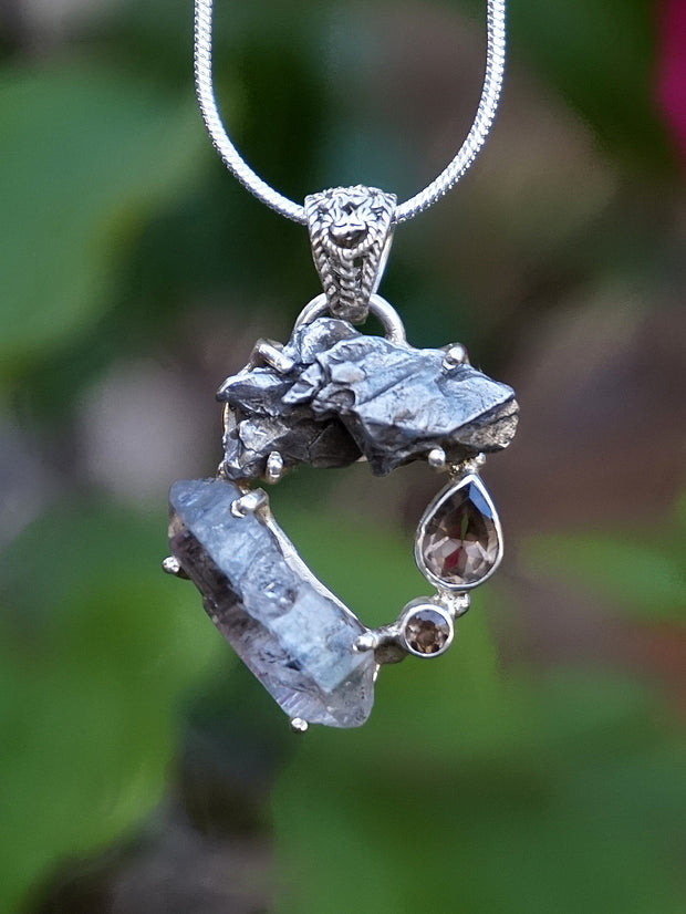 Garden Beauty Pendant 7 with Meteorite, Herkimer Quartz Crystal, and Smoky Quartz