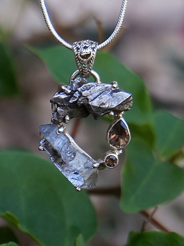 Garden Beauty Pendant 7 with Meteorite, Herkimer Quartz Crystal, and Smoky Quartz