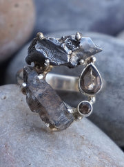 Garden Beauty Ring 12 with Meteorite, Herkimer Quartz Crystal & Smoky Topaz