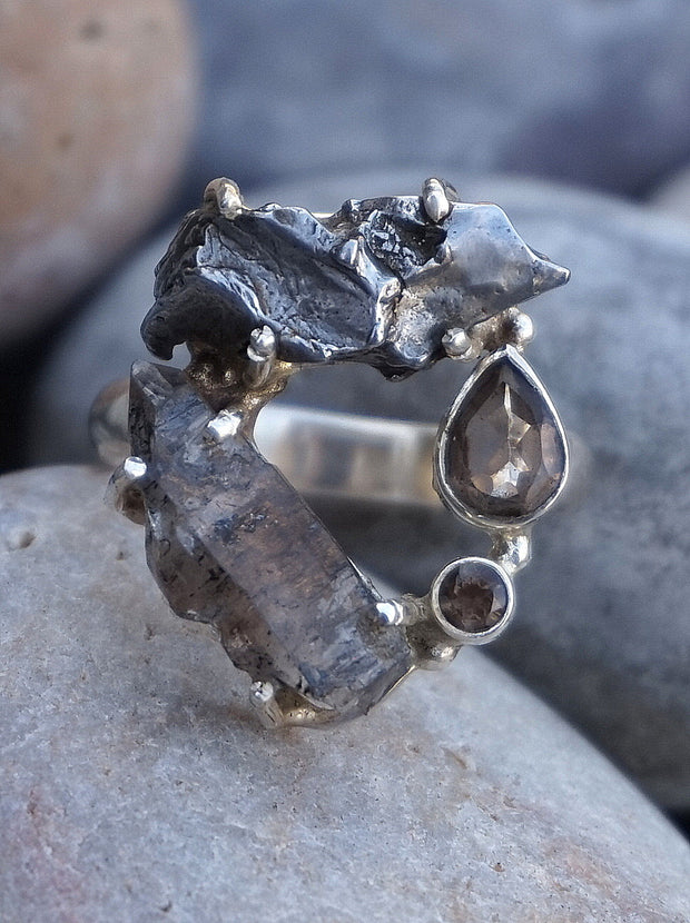 Garden Beauty Ring 12 with Meteorite, Herkimer Quartz Crystal & Smoky –  Andrea Jaye Collection