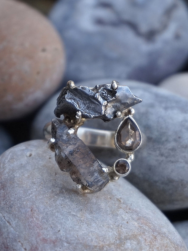 Garden Beauty Ring 12 with Meteorite, Herkimer Quartz Crystal & Smoky Topaz