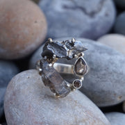 Garden Beauty Ring 12 with Meteorite, Herkimer Quartz Crystal & Smoky Topaz