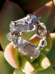 Garden Beauty Ring 12 with Meteorite, Herkimer Quartz Crystal & Smoky Topaz