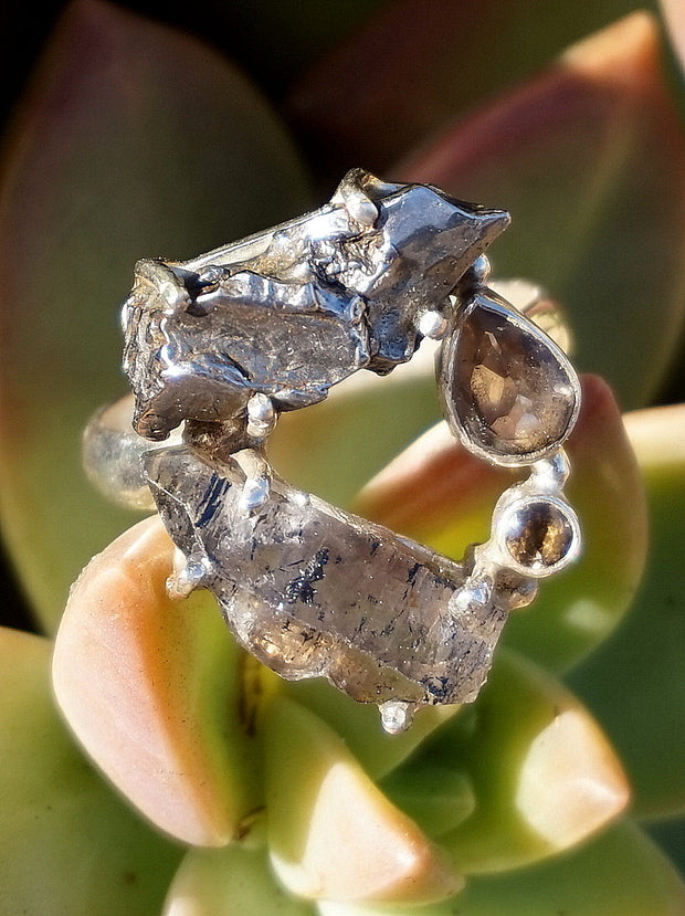 Garden Beauty Ring 12 with Meteorite, Herkimer Quartz Crystal & Smoky Topaz