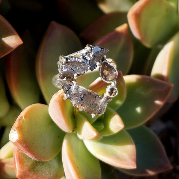 Garden Beauty Ring 12 with Meteorite, Herkimer Quartz Crystal & Smoky Topaz